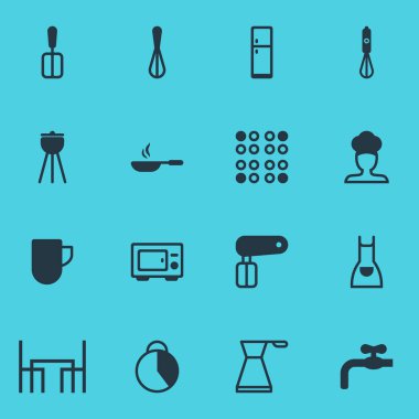 16 Restoran simgeler vektör Illustration. Corolla, Handmixer, kızartma tavası öğelerin düzenlenebilir paketi.