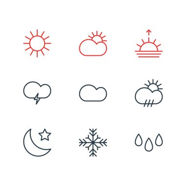 9 atmosfer simgeler vektör Illustration. Fulminan düzenlenebilir paket, yağmur, güneş ışığı ve diğer öğeleri.