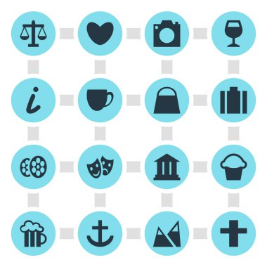 16 seyahat simgeler vektör Illustration. Çapraz, kalp, bira bardağı ve diğer öğeleri düzenlenebilir sürüsü.