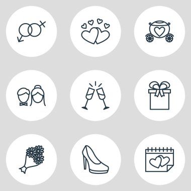 9 nişan simgeler vektör Illustration. Bardağı, buyurun, Sandal öğelerin düzenlenebilir paketi.