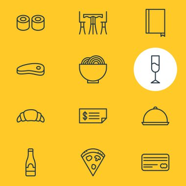 12 Restoran simgeler vektör Illustration. Pastırma, şarap, rapor ve diğer öğeleri düzenlenebilir paketi.