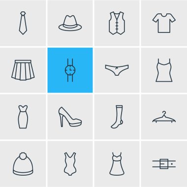 16 giysi simgeler vektör Illustration. Pon pon, Casual, vestiyer ve diğer öğeleri düzenlenebilir paketi.