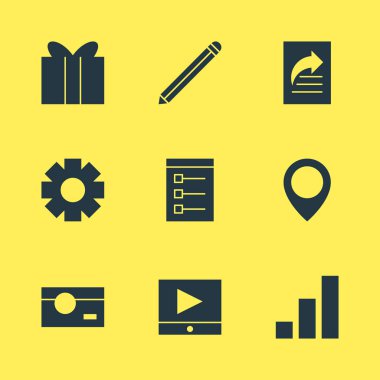 9 Online simgeler vektör Illustration. Harita işaretçi, yakalama, dişli ve diğer öğeleri düzenlenebilir paketi.