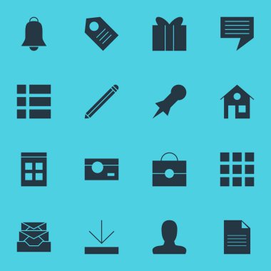 16 Internet simgeler vektör Illustration. Portföy, kalem, hediye ve diğer öğeleri düzenlenebilir paketi.