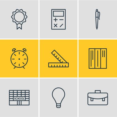 9 çalışmalar simgeler vektör Illustration. Kalem, okul, metre ve diğer öğeleri düzenlenebilir paketi.