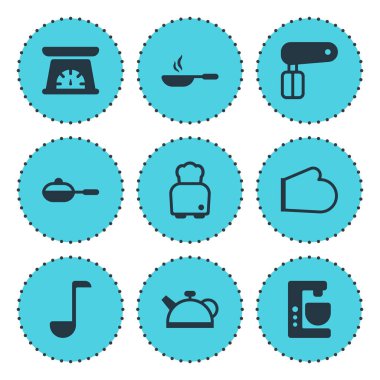 9 yemek simgeler vektör Illustration. Fırın eldiveni, çorba kaşığı, mikser ve diğer öğeleri düzenlenebilir paketi.