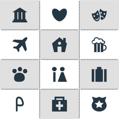 12 yerde simgeler vektör Illustration. Uçak, eczane, polis ve diğer öğeleri düzenlenebilir paketi.