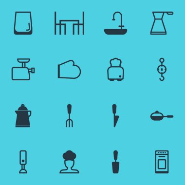 16 Restoran simgeler vektör Illustration. Pan, fırın, Fırın eldivenleri ve diğer öğeleri düzenlenebilir paketi.