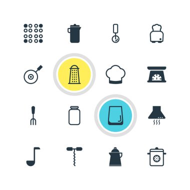 16 Restoran simgeler vektör Illustration. Can, ekmek, çatal ve diğer öğeleri düzenlenebilir paketi.