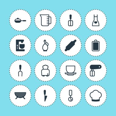 16 mutfak eşyaları simgeler vektör Illustration. Düzenlenebilir paket kahve fincanı, önlük, ekmek rulo ve diğer öğeleri.
