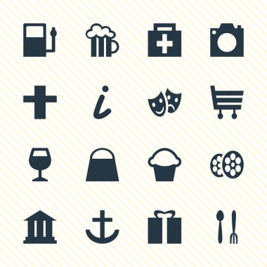 Check-In 16 simgeler vektör Illustration. Düzenlenebilir paket bira bardağı, çapraz, maskeler ve diğer öğeleri.