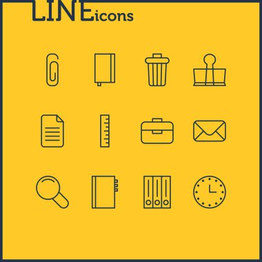 12 aletleri simgeler vektör Illustration. Ders kitabı, Cilt klibi, yakınlaştırma ve diğer öğeleri düzenlenebilir sürüsü.