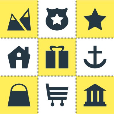 9 seyahat simgeler vektör Illustration. Manzara, el çantası, ana sayfa öğeleri düzenlenebilir paketi.