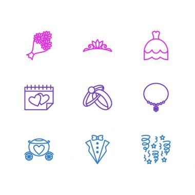 9 evlilik simgeler vektör Illustration. Gelin buketi, Dekorasyon, takvim ve diğer öğeleri düzenlenebilir paketi.