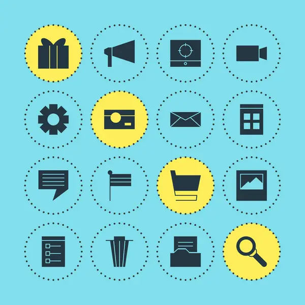 16 Web Simgeler Vektör Illustration. Düzenlenebilir belge Rehberi, megafon, manzara Foto öğeleri sürüsü.