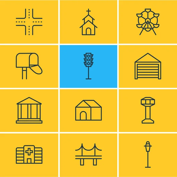 Vektorillustration von 12 städtischen Symbolen. editierbares Paket aus Kontrollturm, Riesenrad, Semaphore und anderen Elementen. — Stockvektor