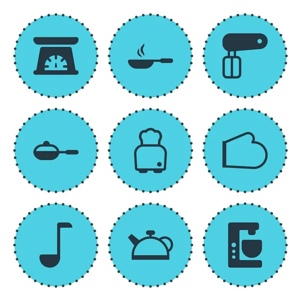 9 yemek simgeler vektör Illustration. Fırın eldiveni, çorba kaşığı, mikser ve diğer öğeleri düzenlenebilir paketi.