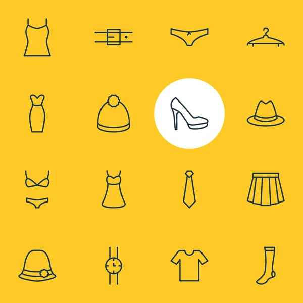 Ilustración vectorial de 16 iconos de ropa. Paquete editable de Fedora, calcetería, pompón y otros elementos . — Archivo Imágenes Vectoriales