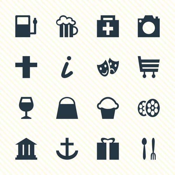 Check-In 16 simgeler vektör Illustration. Düzenlenebilir paket bira bardağı, çapraz, maskeler ve diğer öğeleri.