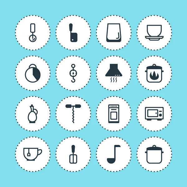 Ilustración vectorial de 16 iconos de utensilios de cocina. Paquete editable de cuchara de sopa, cortadora redonda, horno y otros elementos . — Archivo Imágenes Vectoriales