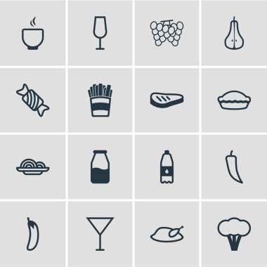 16 yeme simgeler vektör Illustration. Patlıcan, bağ, börek ve diğer öğeleri düzenlenebilir paketi.