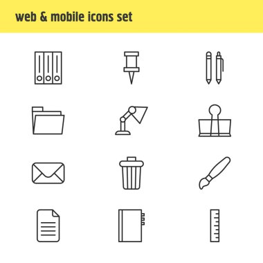 12 aletleri simgeler vektör Illustration. Mektup, Çöp konteyner, ders kitabı ve diğer öğeleri düzenlenebilir paketi.