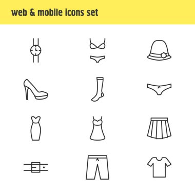 12 giysi simgeler vektör Illustration. Yüzme gövdeleri, Panama, kayış ve diğer öğeleri düzenlenebilir paketi.