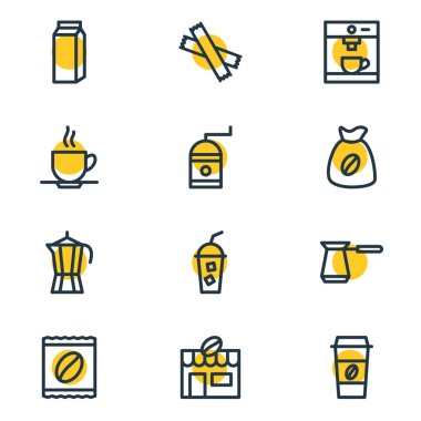 12 içki simgeler vektör Illustration. Türk, çanta, kahve makinesi ve diğer öğeleri düzenlenebilir paketi.