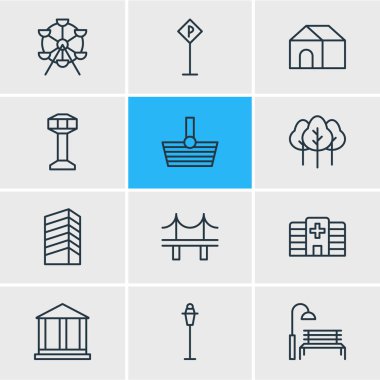 12 altyapı simgeler vektör Illustration. Orman, dönme dolap, kule ve diğer öğeleri düzenlenebilir paketi.