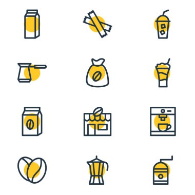 12 kahve simgeler vektör Illustration. Yumuşak içecek, tohum, Türk ve diğer öğeleri düzenlenebilir paketi.