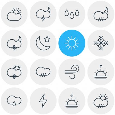 16 gökyüzü simgeler vektör Illustration. Sunrise, Drizzles, kar ve diğer öğeleri düzenlenebilir sürüsü.