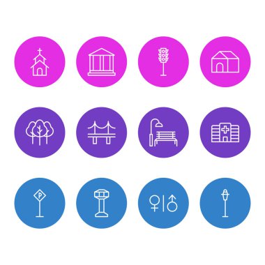 12 simgeler vektör Illustration. Semafor, Golden Gate, Adliye ve diğer öğeleri düzenlenebilir paketi.