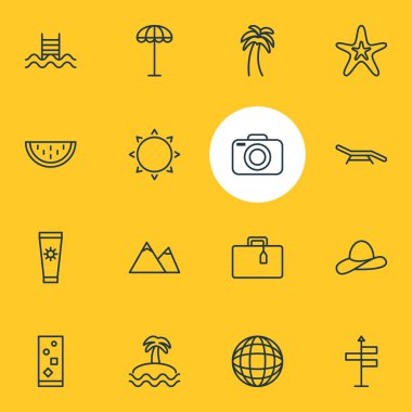 16 yaz simgeler vektör Illustration. Düzenlenebilir Pack Longue, ada, kap öğeleri.