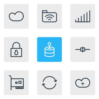 9 ağ simgeler vektör Illustration. Asma kilit, düzenlenebilir paket çözmek, teknoloji ve diğer öğeleri.