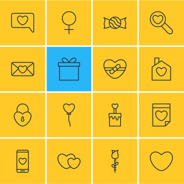 16 Amour simgeler vektör Illustration. Düzenlenebilir paket ev, kilit, Hearts ve diğer öğeleri.