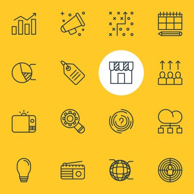 16 pazarlama simgeler vektör Illustration. Düzenlenebilir Pack taktik planı, ağ, labirent ve diğer öğeleri.