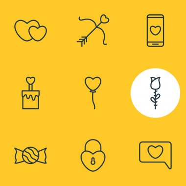 9 Amour simgeler vektör Illustration. Rose, Hearts, kilit ve diğer öğeleri düzenlenebilir paketi.