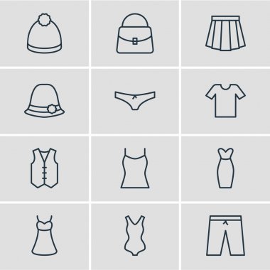 12 elbise simgeler vektör Illustration. Sarafan, ponpon, giyim ve diğer öğeleri düzenlenebilir paketi.