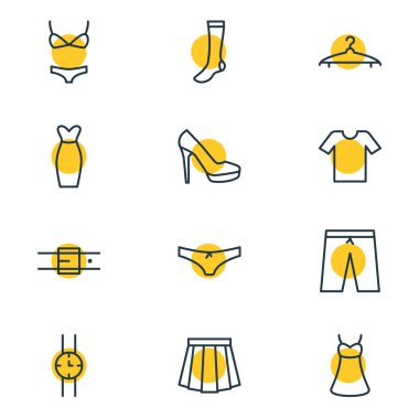 12 elbise simgeler vektör Illustration. Çorap, iç çamaşırı, Sandal öğelerin düzenlenebilir paketi.