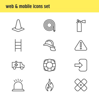 12 zorunluluk simgeler vektör Illustration. Kask, düzenlenebilir paket ilk yardım, kapı ve diğer öğeleri.