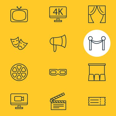 12 sinema simgeler vektör Illustration. Düzenlenebilir paket Tv, megafon, Hall ve diğer öğeleri.