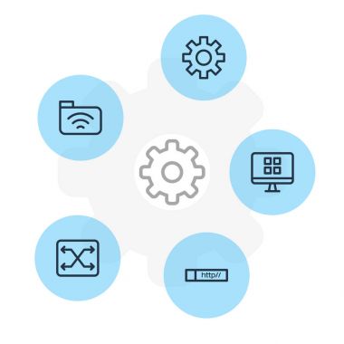 5 ağ simgeler vektör Illustration. Düzenlenebilir Paket Yöneticisi aracı, işletim sistemi istemci, değişiklik ve diğer öğeleri.