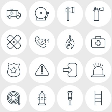 16 acil simgeler vektör Illustration. Spike, merdiven, kapı ve diğer öğeleri düzenlenebilir paketi.