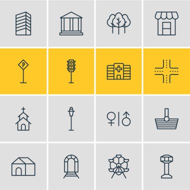 16 altyapı simgeler vektör Illustration. Tente, elektrik direği, kavşak ve diğer öğeleri düzenlenebilir paketi.