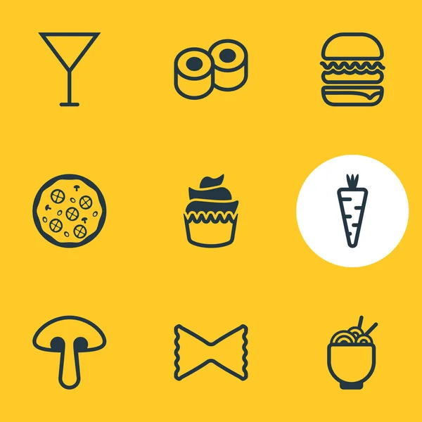 Ilustração vetorial de 9 ícones de comida. Pacote Editável de Fungo, Sanduíche, Elementos de Sobremesa . — Vetor de Stock