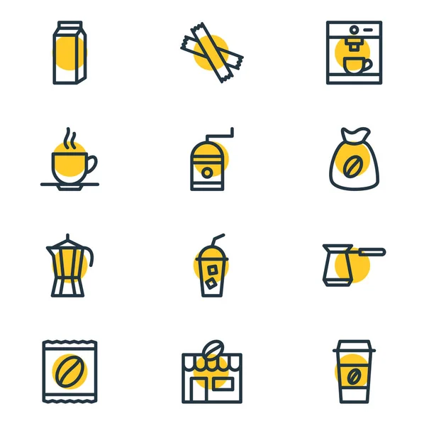 Ilustración vectorial de 12 iconos de la bebida. Paquete editable de turco, bolso, cafetera y otros elementos . — Archivo Imágenes Vectoriales