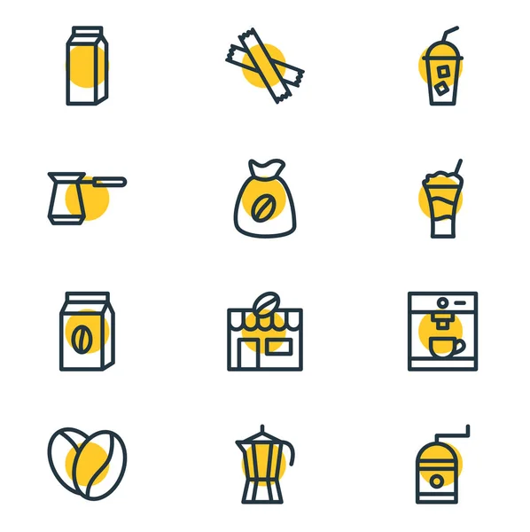 Ilustración vectorial de 12 iconos del café. Paquete editable de refrescos, semillas, turcos y otros elementos . — Archivo Imágenes Vectoriales