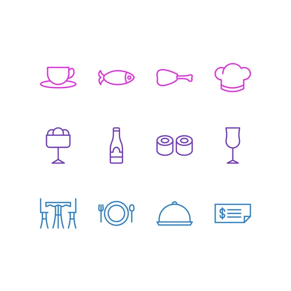 Ilustración vectorial de 12 iconos del café. Paquete editable de alcohol, bandeja, alimentos y otros elementos . — Archivo Imágenes Vectoriales