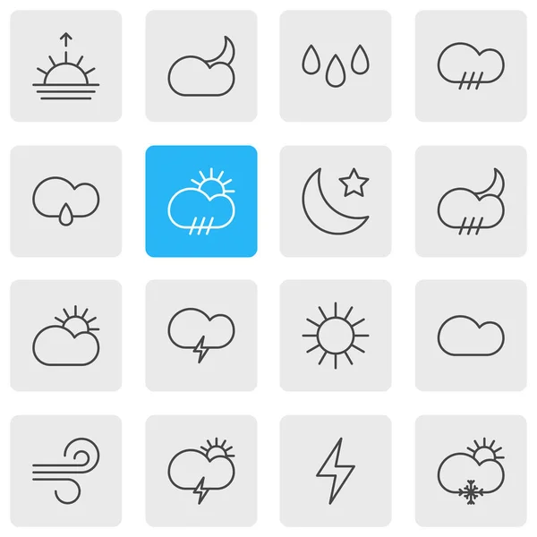 Ilustración vectorial de 16 iconos meteorológicos. Paquete editable de relámpagos, tormentas de viento, puesta del sol y otros elementos . — Vector de stock