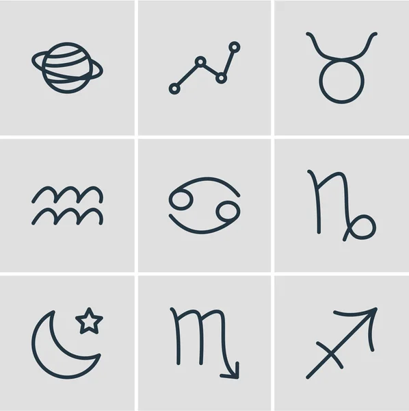 Ilustración vectorial de 9 iconos astrológicos. Paquete editable de arquero, signo del zodíaco, cabra y otros elementos . — Archivo Imágenes Vectoriales